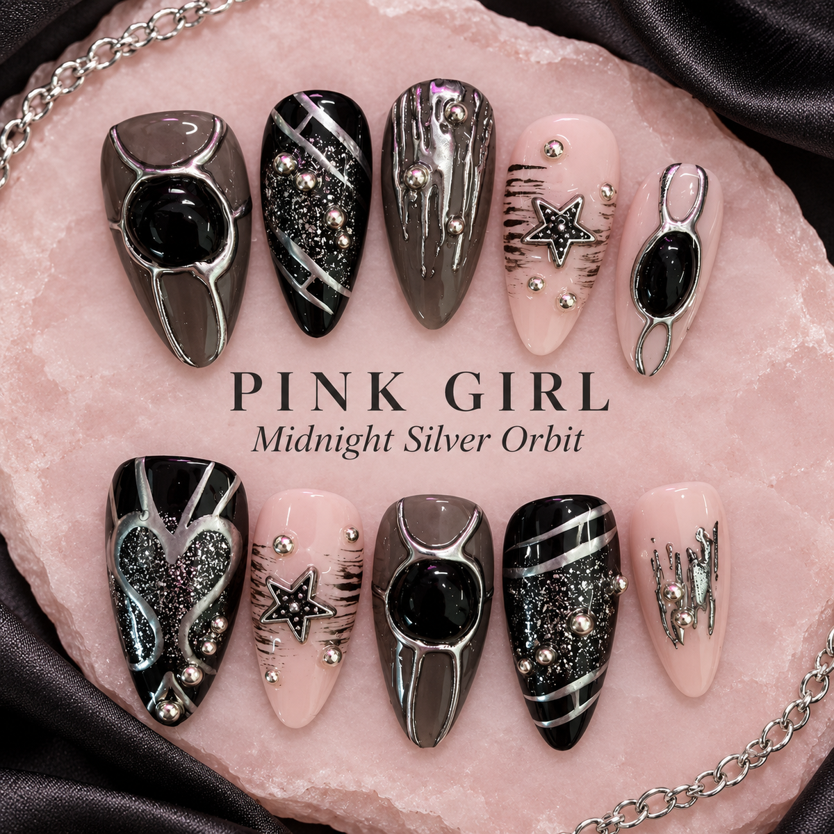 Midnight Silver Orbit Press-On Nails