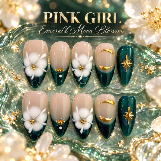 Pink Girl Emerald Moon Blossom Press-On Nails