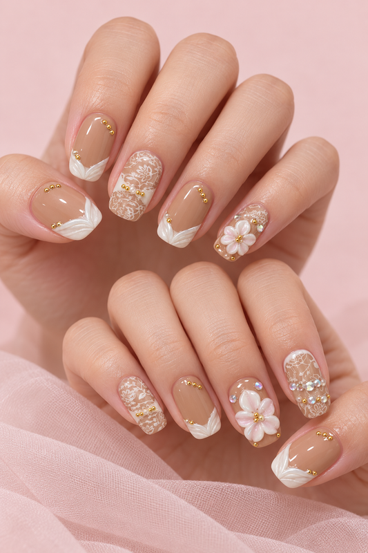 Nude Lace 3D Flower Press-On Nails