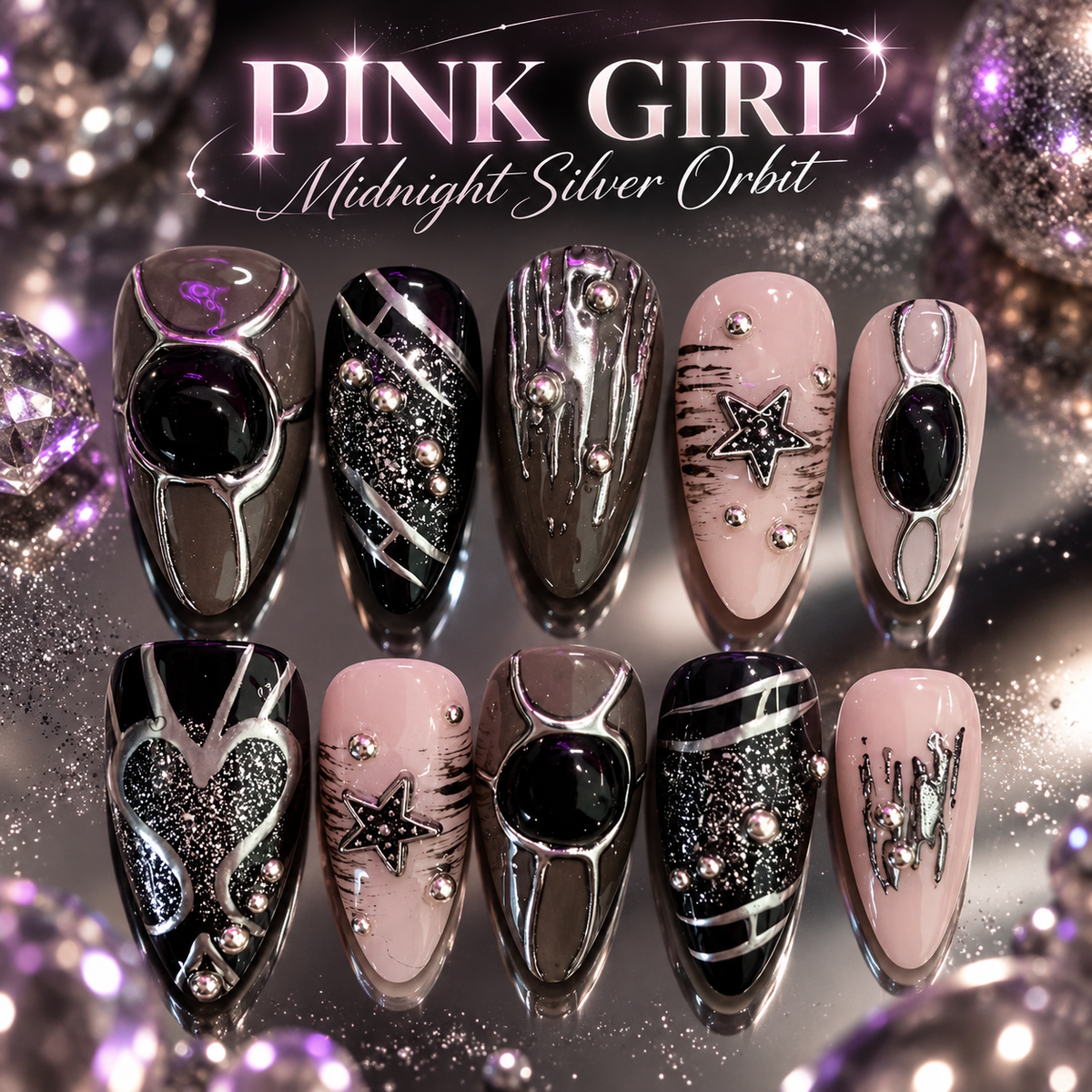 Midnight Silver Orbit Press-On Nails