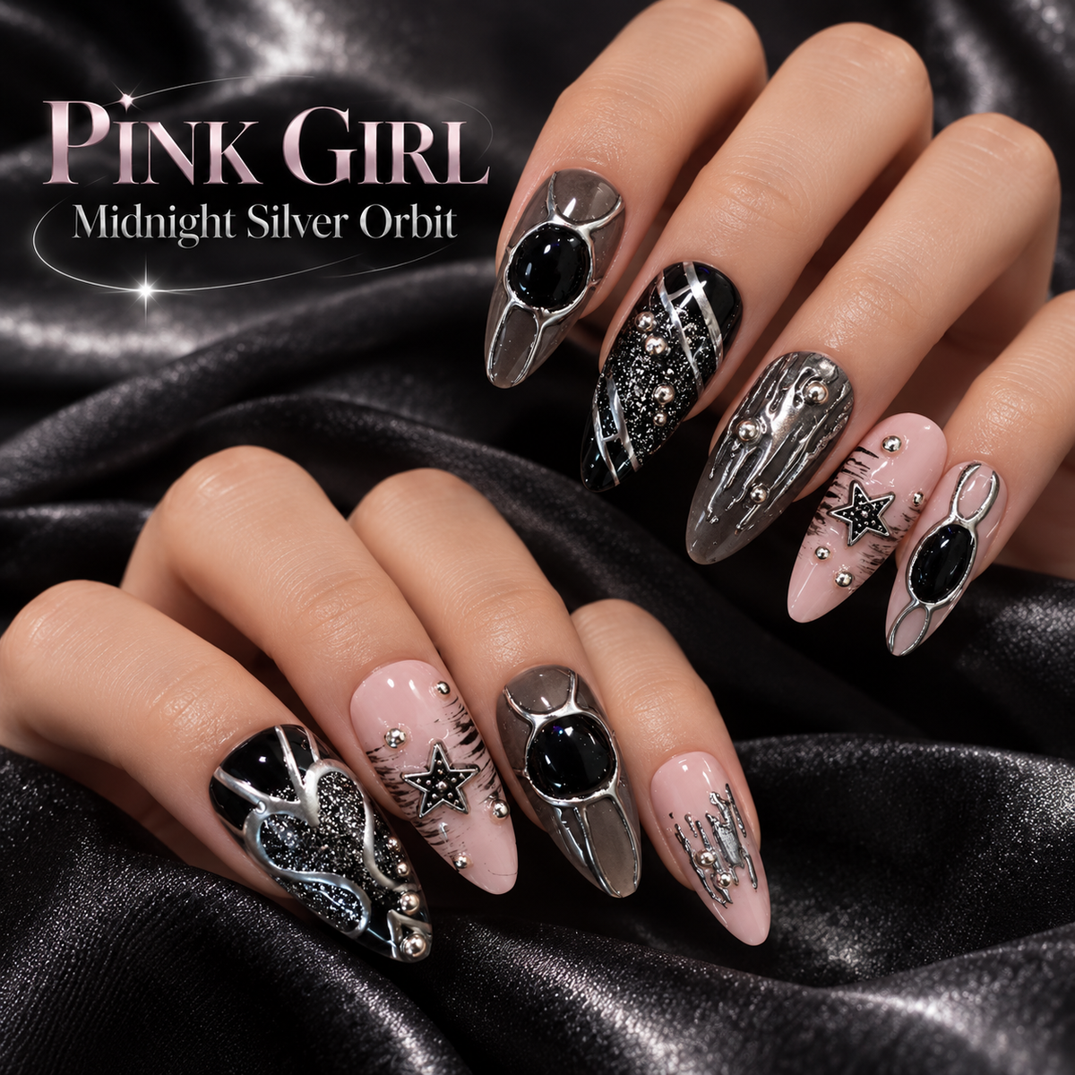 Midnight Silver Orbit Press-On Nails