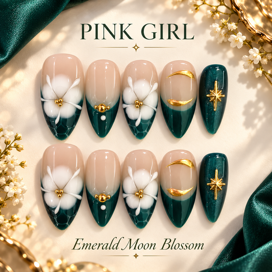 Pink Girl Emerald Moon Blossom Press-On Nails