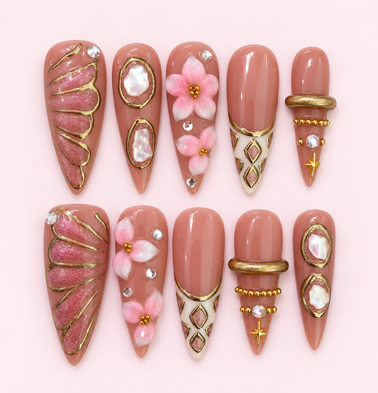 Rose Opal Shell Floral Press-On Nails