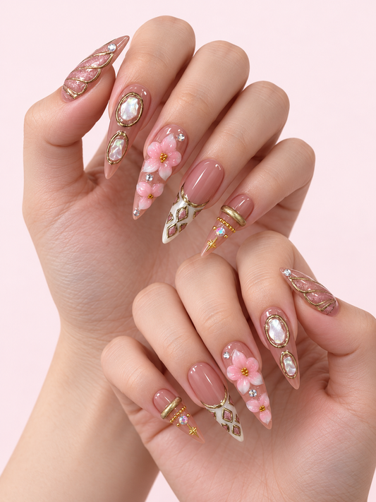 Rose Opal Shell Floral Press-On Nails