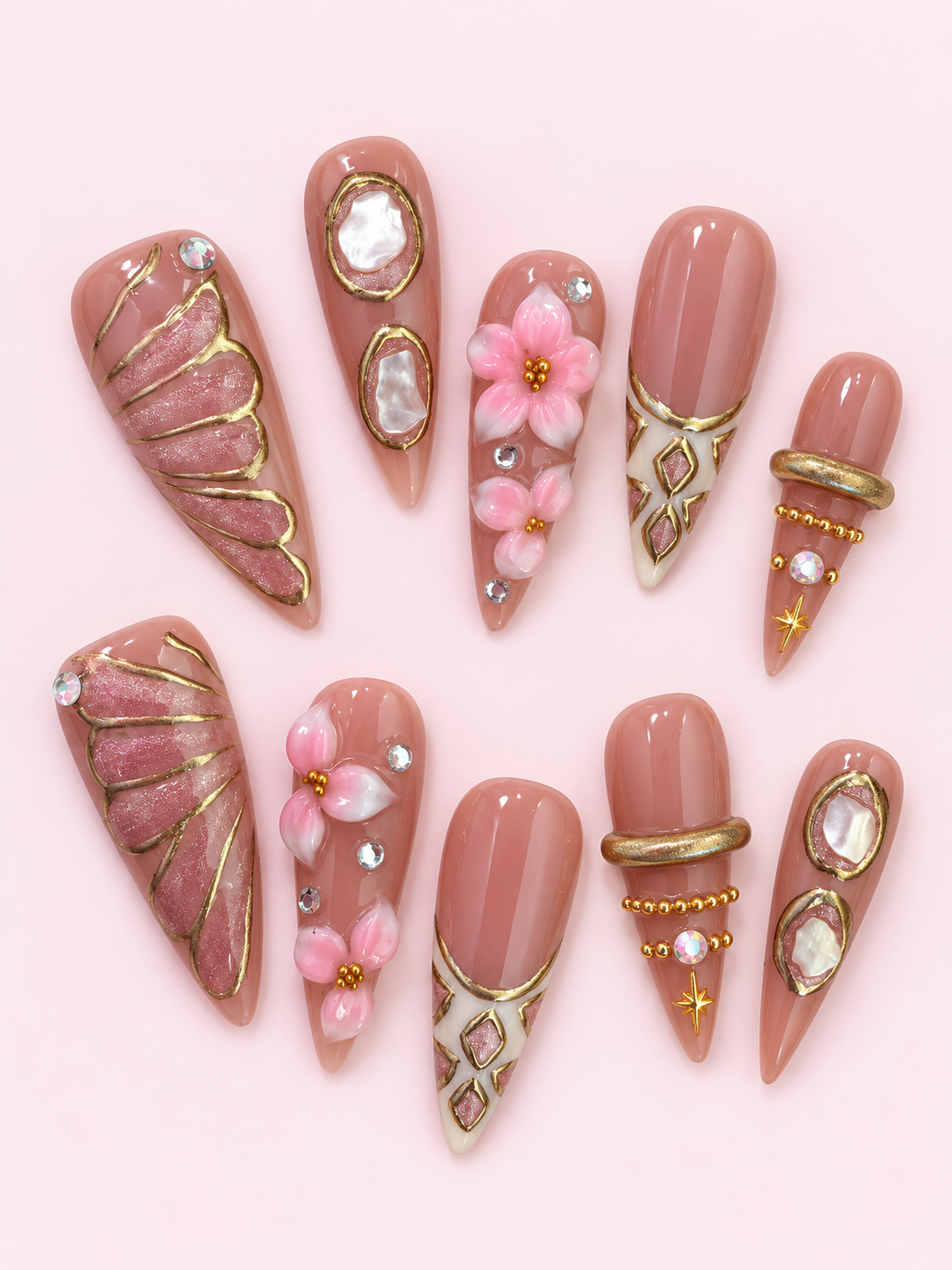 Rose Opal Shell Floral Press-On Nails
