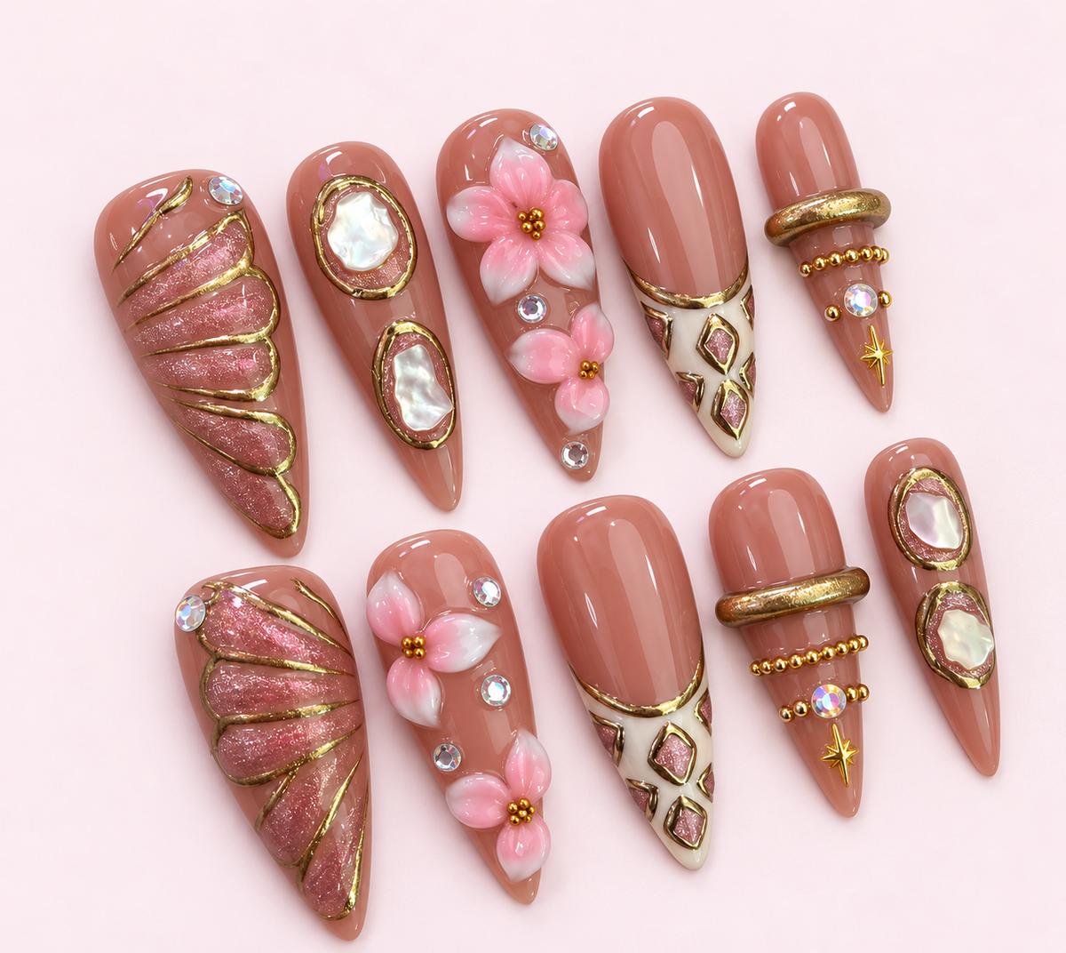Rose Opal Shell Floral Press-On Nails