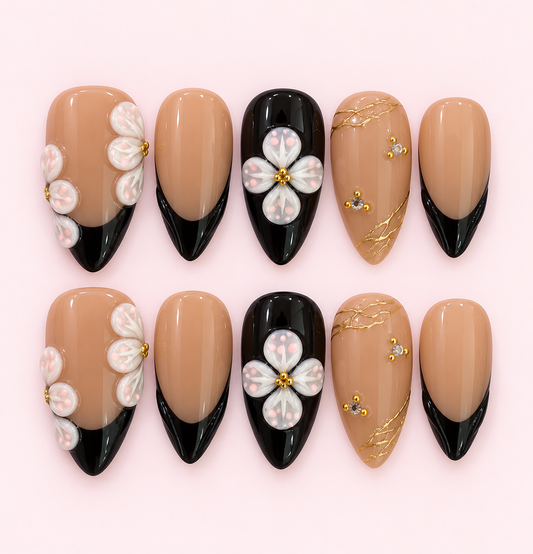 Blossom Black French Tip Press-On Nails