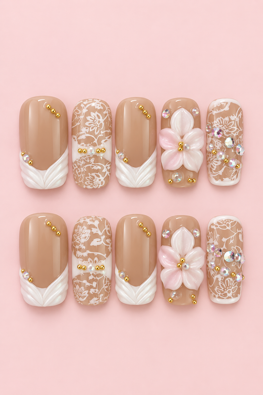 Nude Lace 3D Flower Press-On Nails